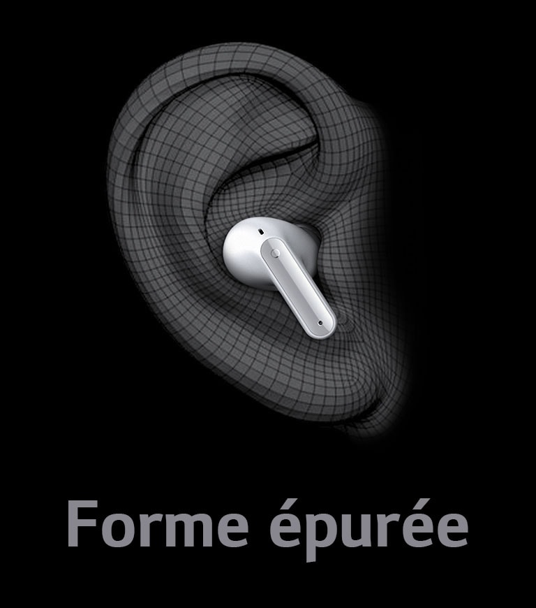 Une image de TONE Free porté épousant la forme de l’oreille dessinée en 3D. Les mots « Forme ergonomique » sont inscrits juste en dessous.