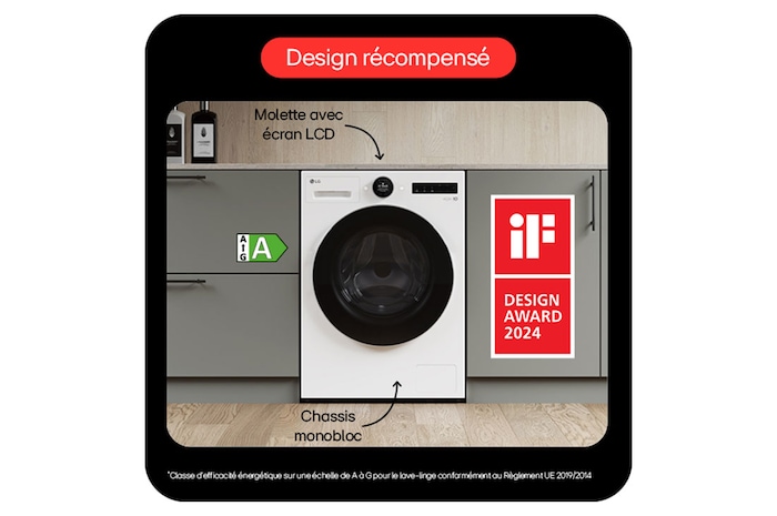 Machine à laver LG blanche avec design récompensé, mise en évidence par un cadre rouge sur fond gris