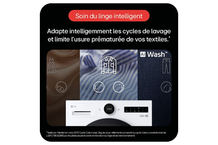 Une image présentant une machine à laver LG blanche de face, avec un panneau de commande noir et un grand hublot central