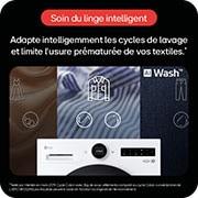 Une image présentant une machine à laver LG blanche de face, avec un panneau de commande noir et un grand hublot central