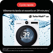 Lave-linge LG blanc avec TurboWash 360°, affichant "39 mins"