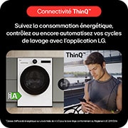 LG avec connectivité ThinQ, permettant de suivre la consommation d'énergie et de contrôler les cycles via l'application.