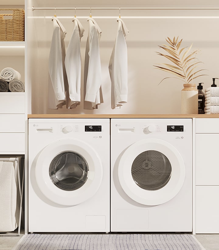 Image intérieure d’un lave-linge et d’un sèche-linge côte à côte