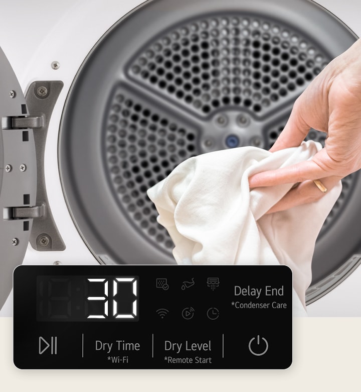 Image de panneau agrandie et de tissu placé dans le sèche-linge