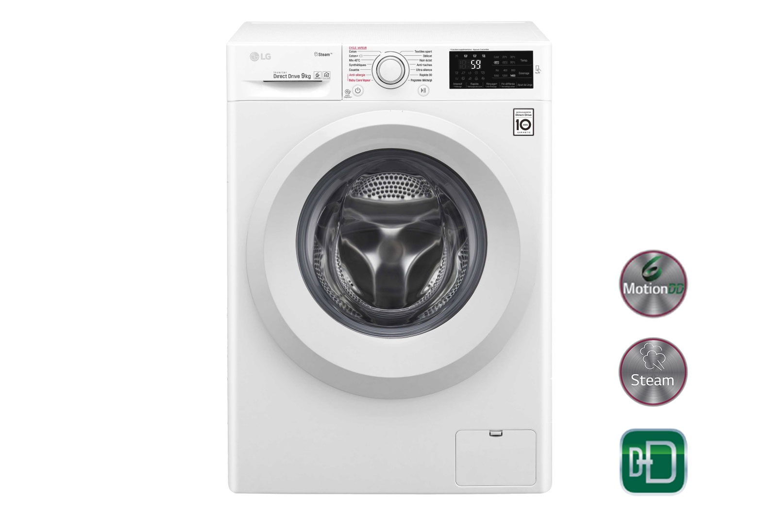 LG Lave-Linge 9KG | Steam™ | 6 Motion Direct Drive™ | A+++-20% | Smart Diagnosis™ | Moteur Direct Drive™ – Garanti 10 ans, LG F94J53WHS