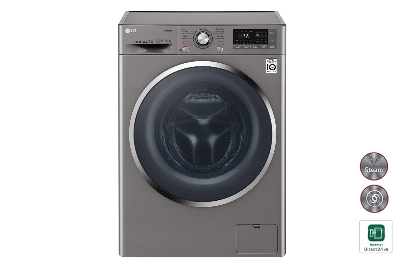 LG Lave-Linge 9KG | TurboWash™ | Steam | Wi-Fi | 6 Motion Direct Drive™ | A+++-30% | Smart Diagnosis™ | Moteur Direct Drive™ garanti 10 ans | Compatible TWINWash™ Mini, LG F94J72STST