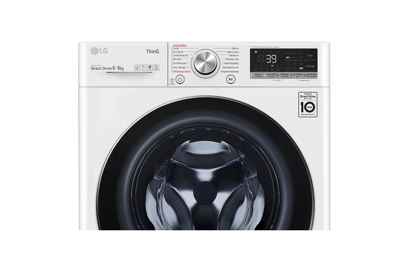 LG Lavante-séchante 9/6 KG - 68L | 6 Motion Direct Drive™ | Moteur Direct Drive™ garanti 10 ans | TurboWash™ 360° | AIDD™ | Steam™ | 52/71dB | E, LG F964V72WRHT