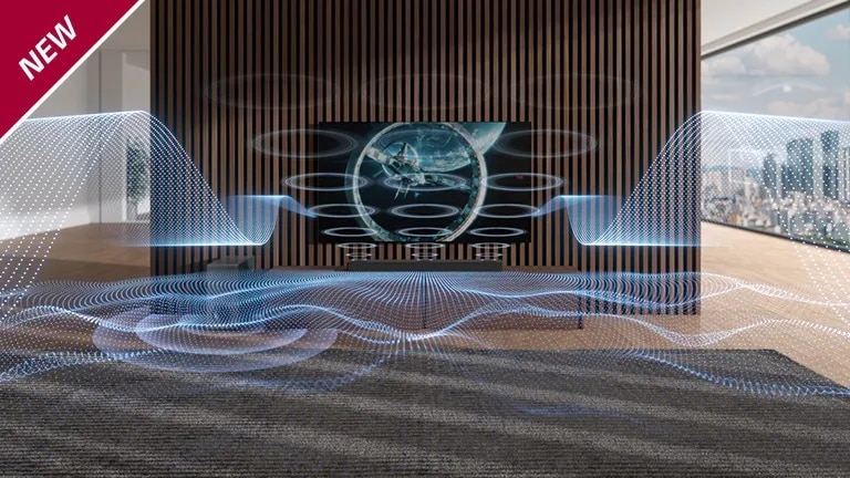Des ondes sonores de couleur bleue aux formes variées sont émises par la barre de son et le téléviseur. La marque NEW est affichée dans le coin supérieur gauche.