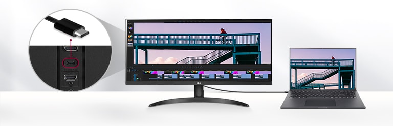 Le LG 29WQ60A dispose d’un port USB Type-C™ prenant en charge le DisplayPort Alt Mode. En utilisant simplement un câble USB Type-C™, les signaux DisplayPort peuvent être transférés vers un moniteur sans câbles d’affichage dédiés ni adaptateurs.