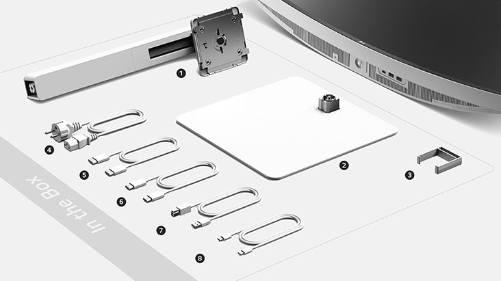 Pied du support, base du support, support de câble, code d’alimentation, câble HDMI, câble DP, câble USB A à B et câble USB C à C dans la boîte.	