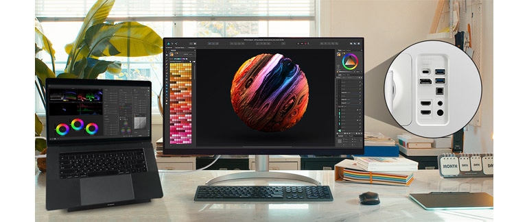 LG UltraFine™ est compatible avec plusieurs types d’appareils avec son port USB Type-C™, DisplayPort, port HDMI et deux ports USB.