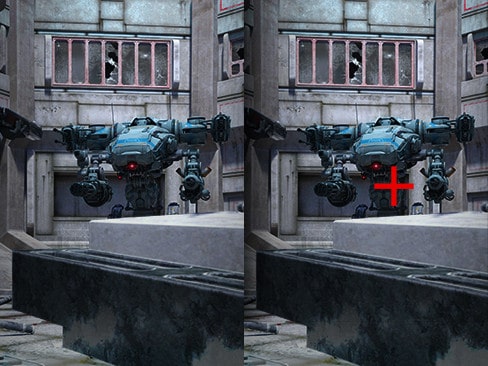 Comparaison du Crosshair - L’image de gauche présente le Crosshair « désactivé » et l’image de droite le Crosshair « activé »