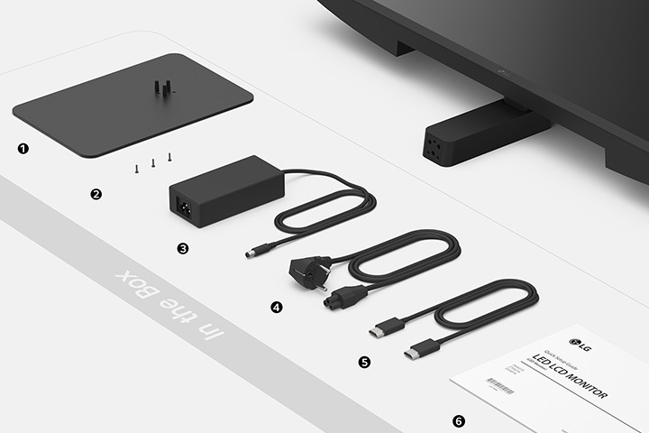 Base du support, vis, adaptateur d’alimentation, code d’alimentation, câble HDMI et guide d’installation dans la boîte.