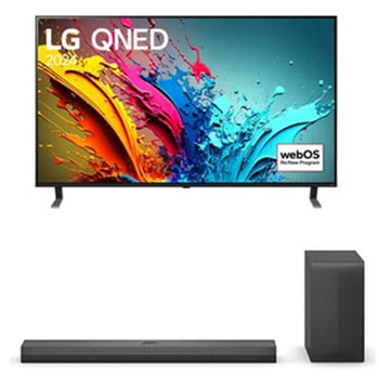 Vue de face du TV LG QNED, série QNED85 avec le texte LG QNED, 2024 et le logo webOS Re:New Program à l’écran.