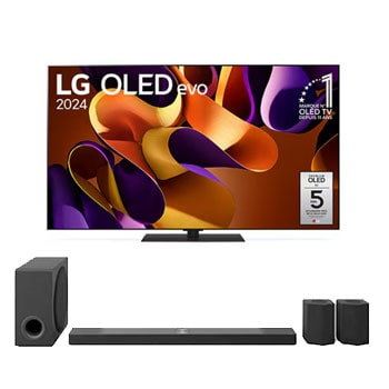 Front view with LG OLED evo TV, OLED G4, 11 Years of world number 1 OLED Emblem, and 5-Year Panel Warranty logo on screen