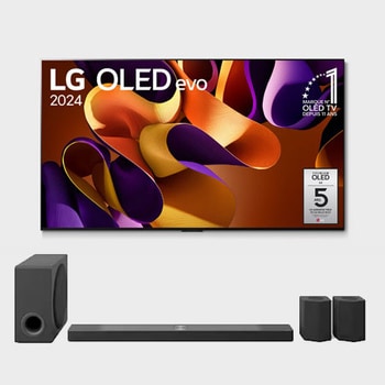 Vue de face avec la TV OLED evo LG, OLED G4, emblème OLED numéro 1 dans le monde pendant 11 ans et logo de la garantie de panneau de 5 ans à l’écran, ainsi que de la barre de son dessous