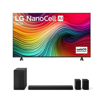 Vue de face du TV LG NanoCell, NANO82 avec le texte LG NanoCell, 2024, et le logo webOS Re:New Program à l’écran.