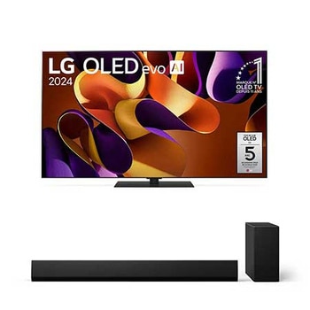 Front view with LG OLED evo TV, OLED G4, 11 Years of world number 1 OLED Emblem, and 5-Year Panel Warranty logo on screen