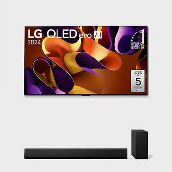Vue de face avec LG OLED evo G4, OLED77G45LW, numéro 1 OLED au monde depuis 11 ans, avec garantie de panneau de 5 ans à l'écran, avec barre de son en dessous.