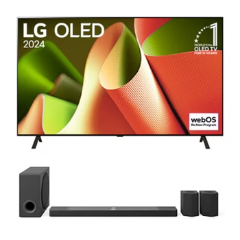 Vue de face avec la TV OLED evo LG, OLED C4, logo de l’emblème OLED numéro 1 dans le monde pendant 11 ans et logo du programme webOS Re:New à l’écran, ainsi que de la barre de son dessous