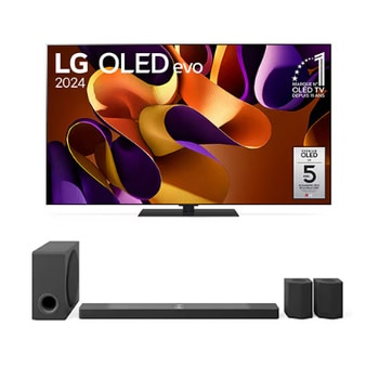 Front view with LG OLED evo TV, OLED G4, 11 Years of world number 1 OLED Emblem, and 5-Year Panel Warranty logo on screen