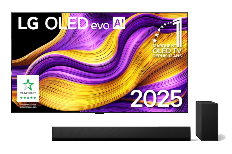 Vue avant de Pack 65 pouces (164 cm) LG OLED evo AI G5 4K Smart TV 2025 + Barre de son SG10TY LG OLED65G54LW.SG10TY