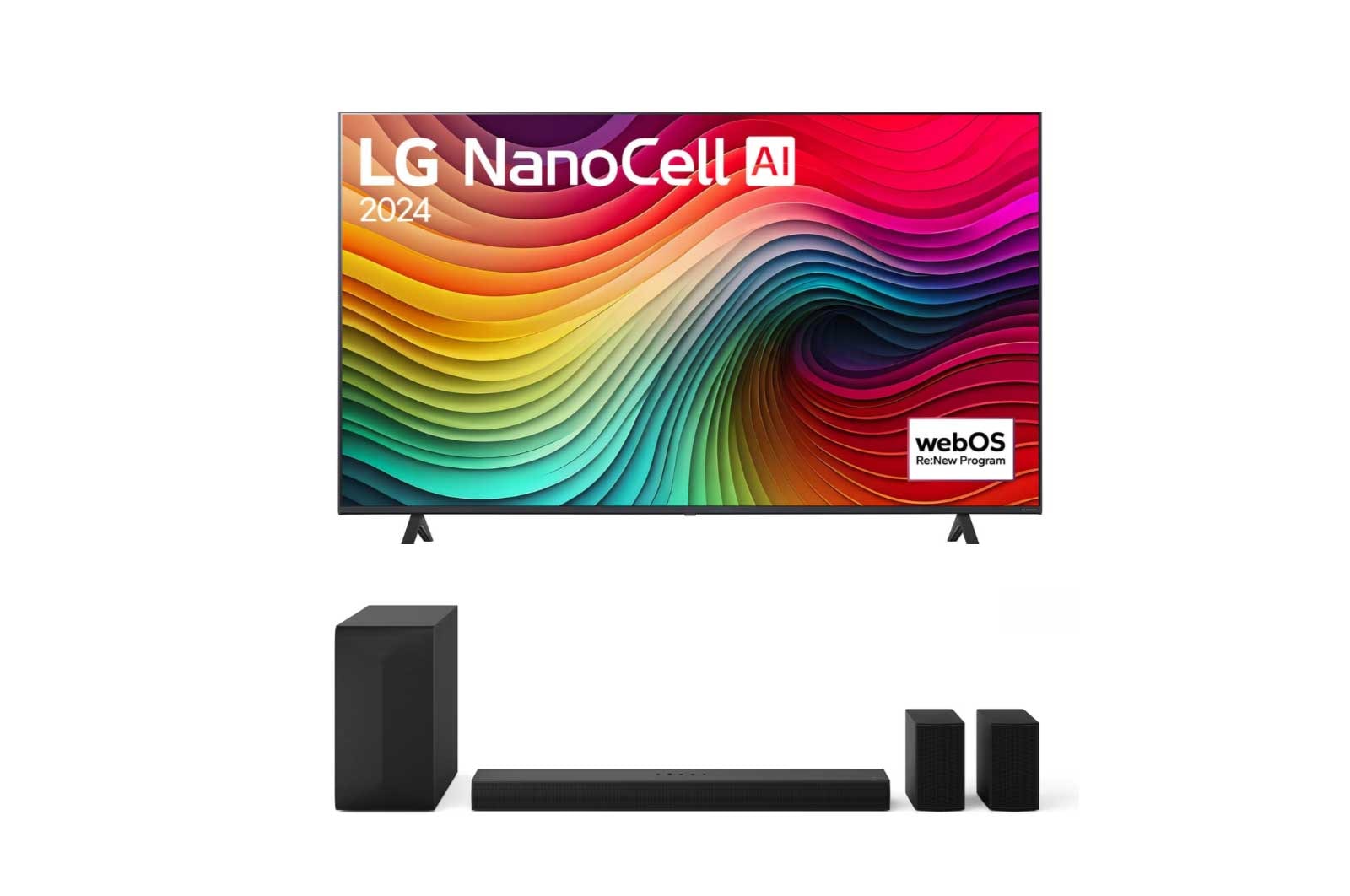 Vue de face du TV LG NanoCell, NANO82 avec le texte LG NanoCell, 2024, et le logo webOS Re:New Program à l’écran.