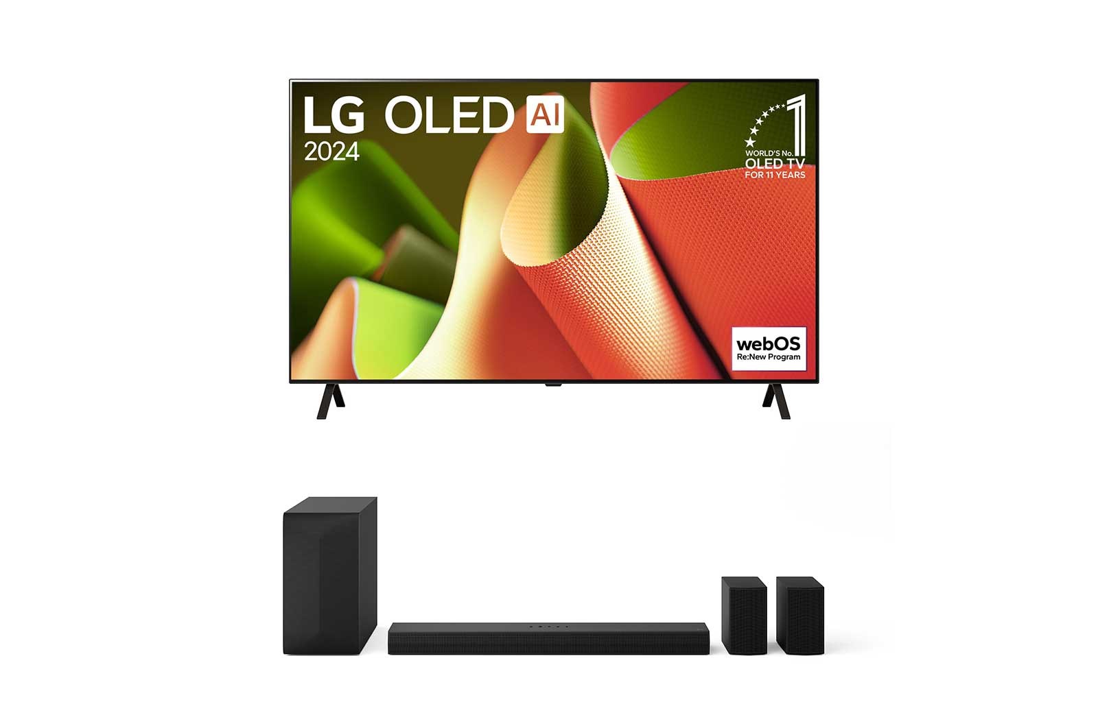 Vue de face de la TV OLED LG, OLED B4, logo de l’emblème OLED numéro 1 dans le monde pendant 11 ans et logo du programme webOS Re:New à l’écran.