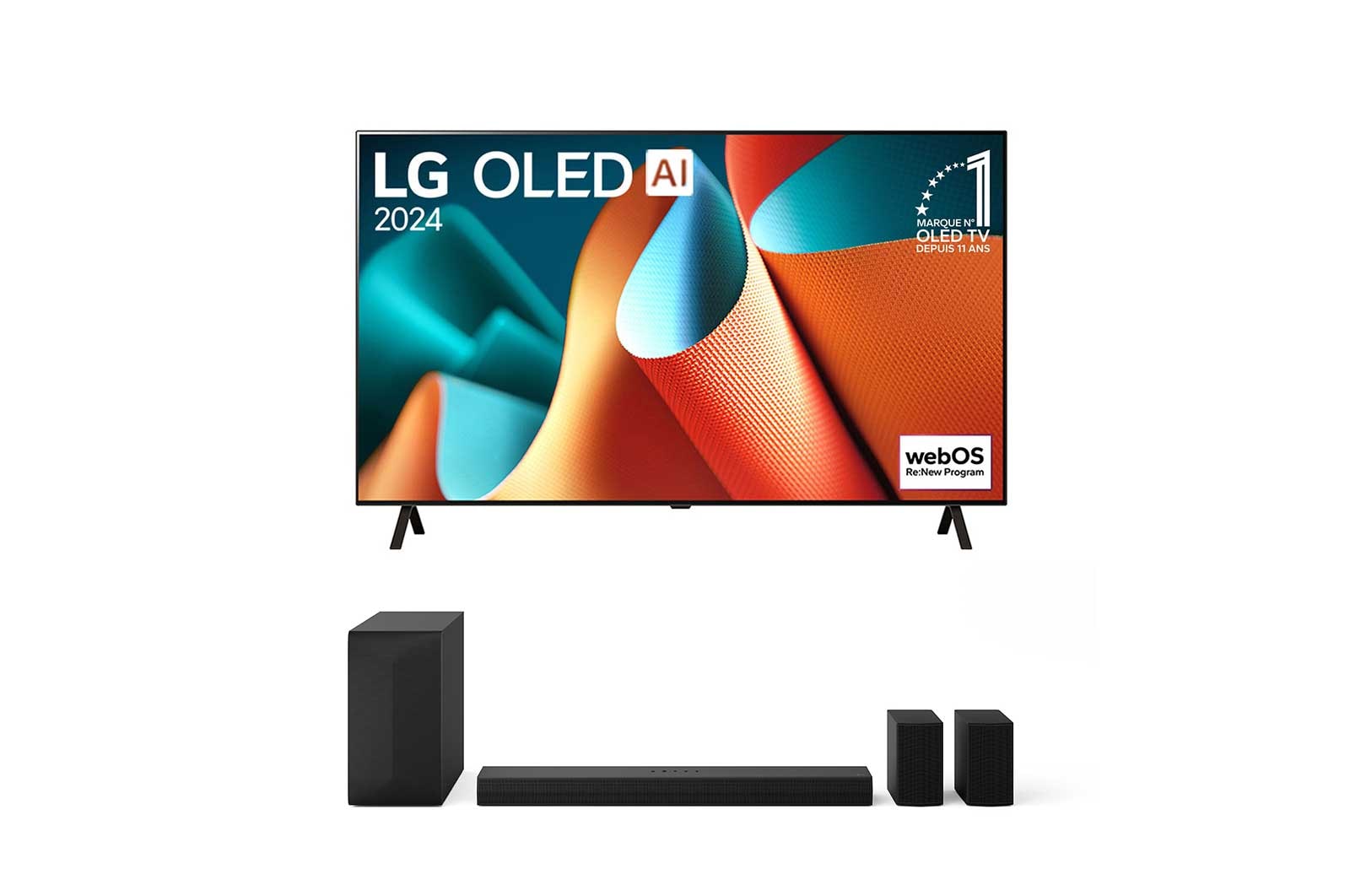 Téléviseur OLED LG, OLED ai B4E, badge OLED n°1 mondial depuis 11 ans et WebOS Re: vue de face du nouveau logo du programme avec support 2 pôles sur l’écran