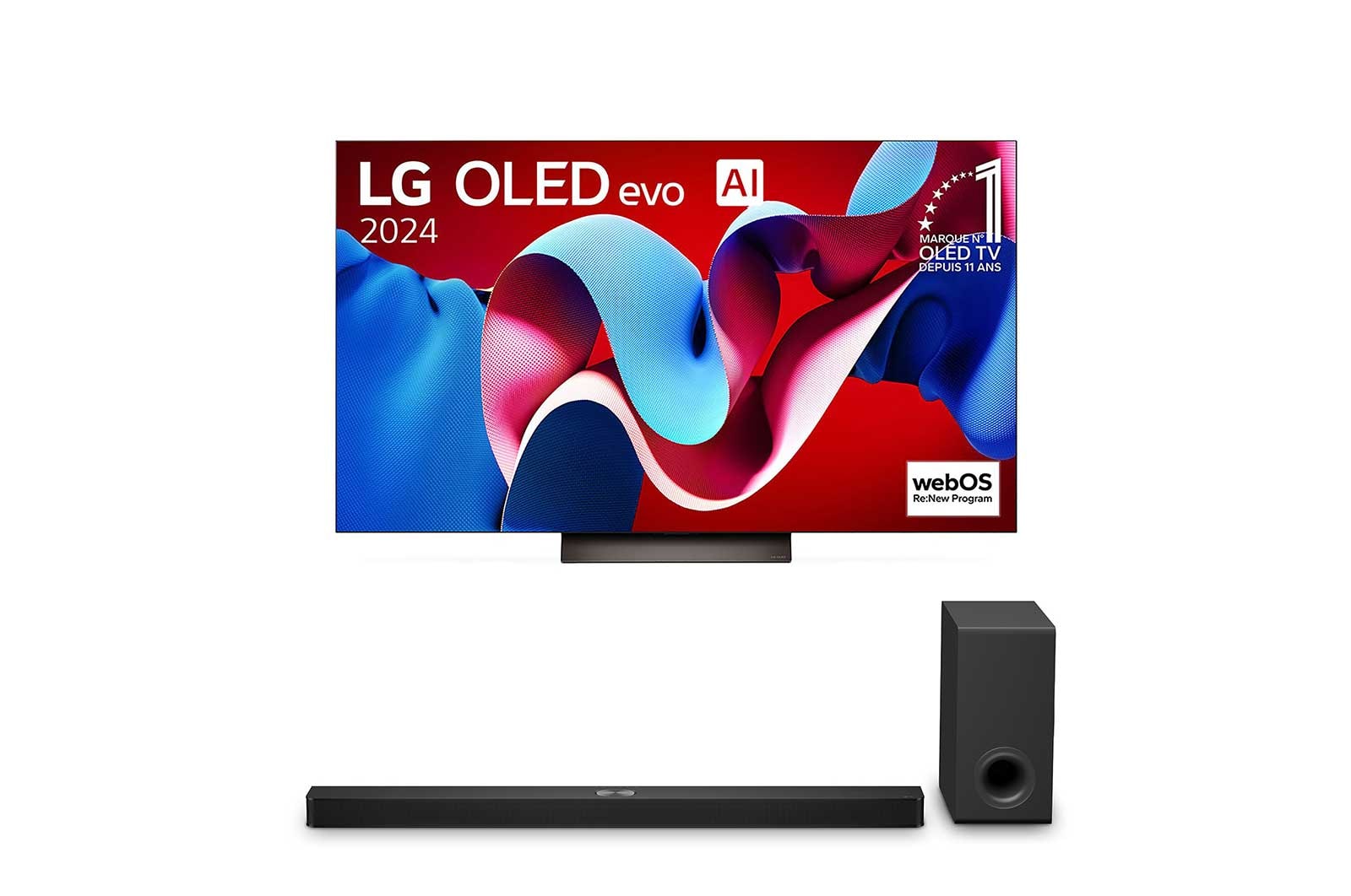 Vue de face de la TV OLED evo LG, OLED C4, logo de l’emblème OLED numéro 1 dans le monde pendant 11 ans et logo du programme webOS Re:New à l’écran.