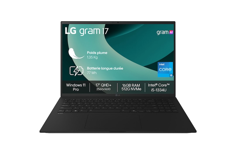 Vue avant de LG gram 17" | Windows 11 Pro | Intel® Core™ i5-1334U | 16Go | 512Go LG 17Z90RU-G.AP55F