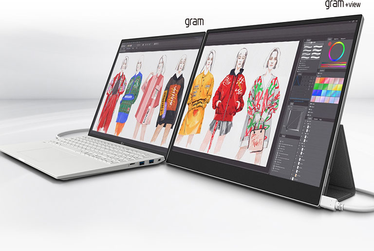 mise en scène où l'écran du LG gram est prolongé avec le gram  view