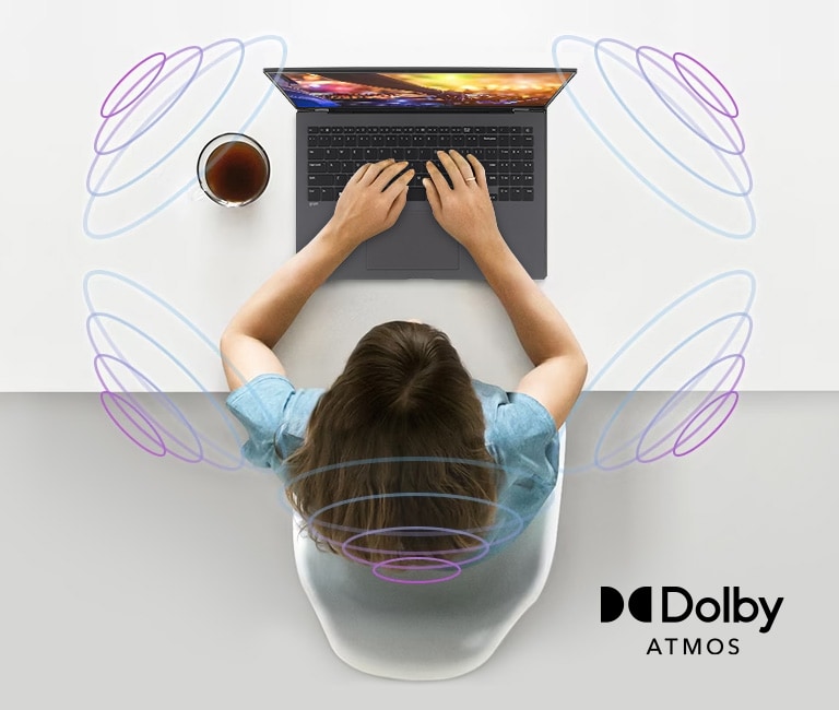 L'image montre que le son émis par les haut-parleurs du gram est diffusé dans tout l'espace qui entoure le pc portable.