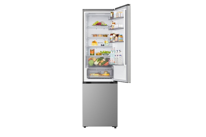 Vue de dessus du réfrigérateur congélateur LG (gbbsj20dpy) avec un réfrigérateur noir mat à gauche et un mur d’armoire à droite