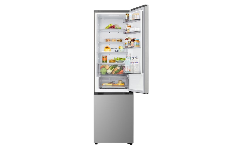 Vue de dessus du réfrigérateur congélateur LG (gbbsj20dpy) avec un réfrigérateur noir mat à gauche et un mur d’armoire à droite