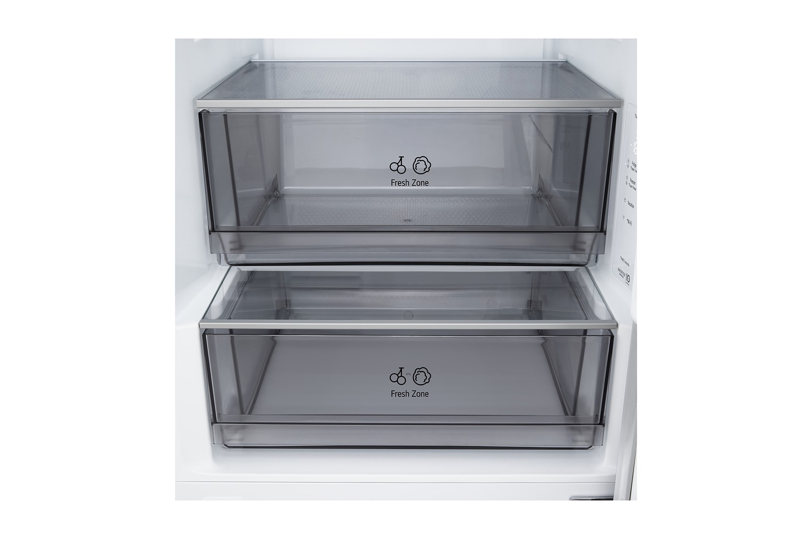 Gros plan sur le réfrigérateur congélateur LG (gbbsj20dpy) d’une étagère à vin contenant quatre bouteilles et une boîte de macarons avec un design de clayette agrandie en image circulaire