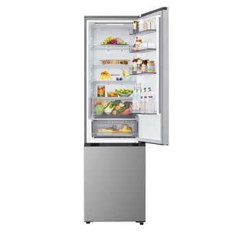 Vue de dessus du réfrigérateur congélateur LG (gbbsj20dpy) avec un réfrigérateur noir mat à gauche et un mur d’armoire à droite