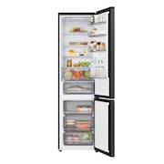 Gros plan sur le réfrigérateur congélateur LG (gbbsj20dpy) d’une étagère à vin contenant quatre bouteilles et une boîte de macarons avec un design de clayette agrandie en image circulaire