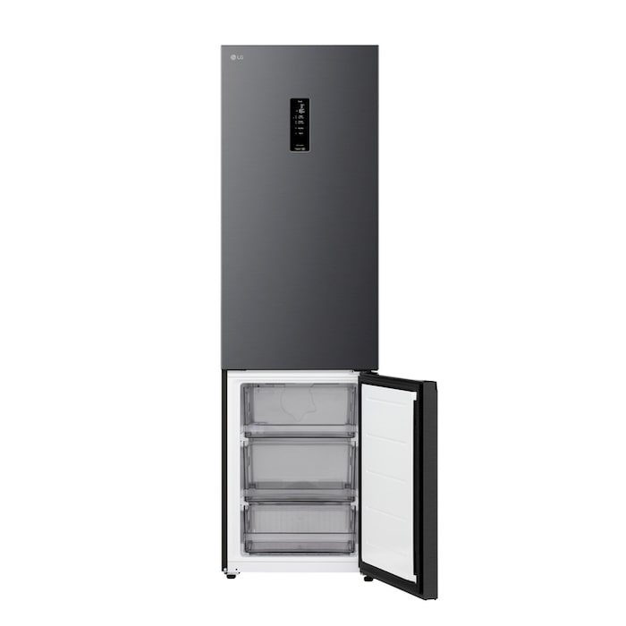 Gros plan sur le réfrigérateur congélateur LG (gbbsj20dpy) d’une étagère à vin contenant quatre bouteilles et une boîte de macarons avec un design de clayette agrandie en image circulaire