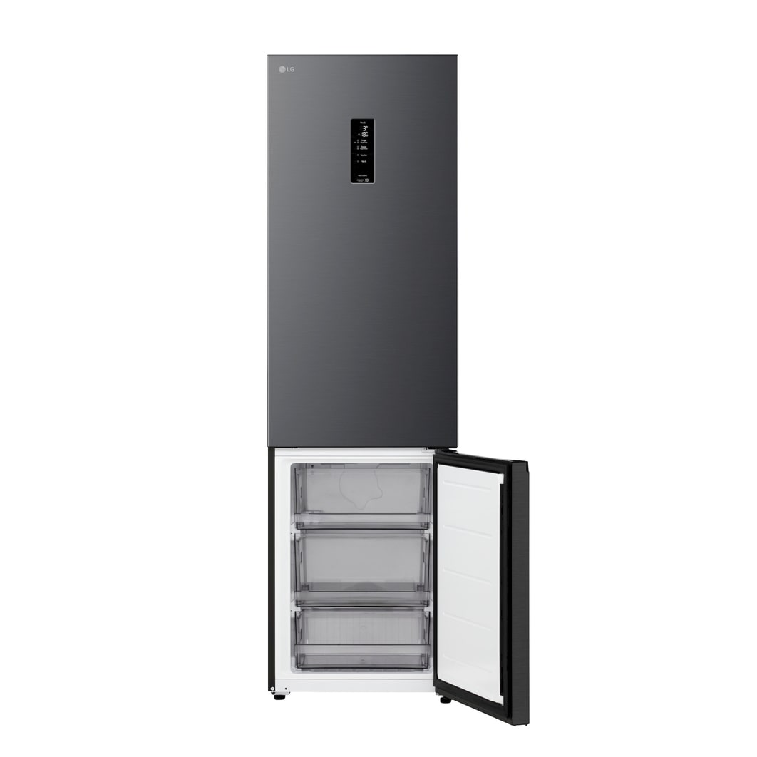 Gros plan sur le réfrigérateur congélateur LG (gbbsj20dpy) d’une étagère à vin contenant quatre bouteilles et une boîte de macarons avec un design de clayette agrandie en image circulaire