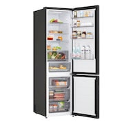 Réfrigérateur congélateur LG (gbbsj20dpy) intégré dans une armoire marron foncé avec fenêtre et canapé à gauche et évier à droite
