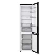 Vue de dessus du réfrigérateur congélateur LG (gbbsj20dpy) avec un réfrigérateur noir mat à gauche et un mur d’armoire à droite