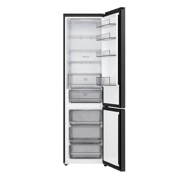 Vue de dessus du réfrigérateur congélateur LG (gbbsj20dpy) avec un réfrigérateur noir mat à gauche et un mur d’armoire à droite