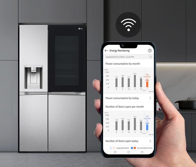 Une cuisine avec le réfrigérateur est à l’arrière-plan avec une main tenant un téléphone au premier plan montrant l’application LG ThinQ. L’application affiche les statistiques d’entretien. Au-dessus du téléphone se trouve l’icône Wifi.