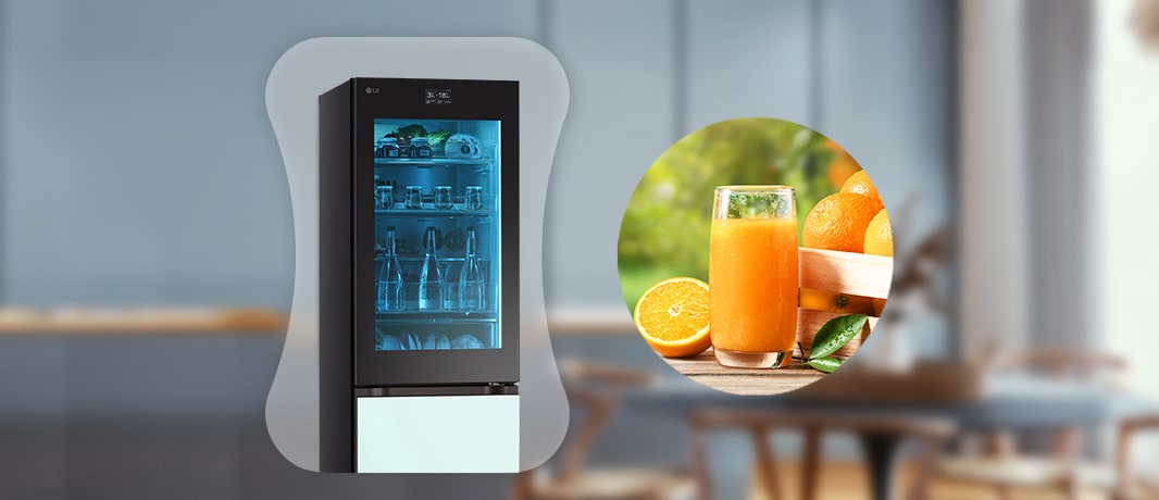Image d’un réfrigérateur et d’un jus de fruit frais.