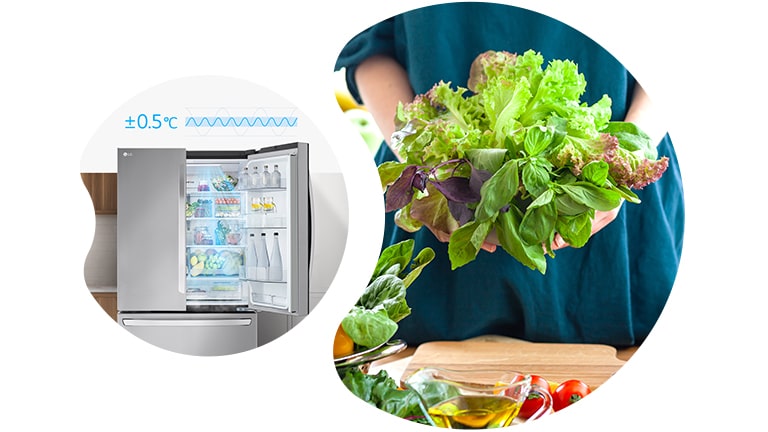 Réfrigérateur LG avec température stable, légumes frais en avant.