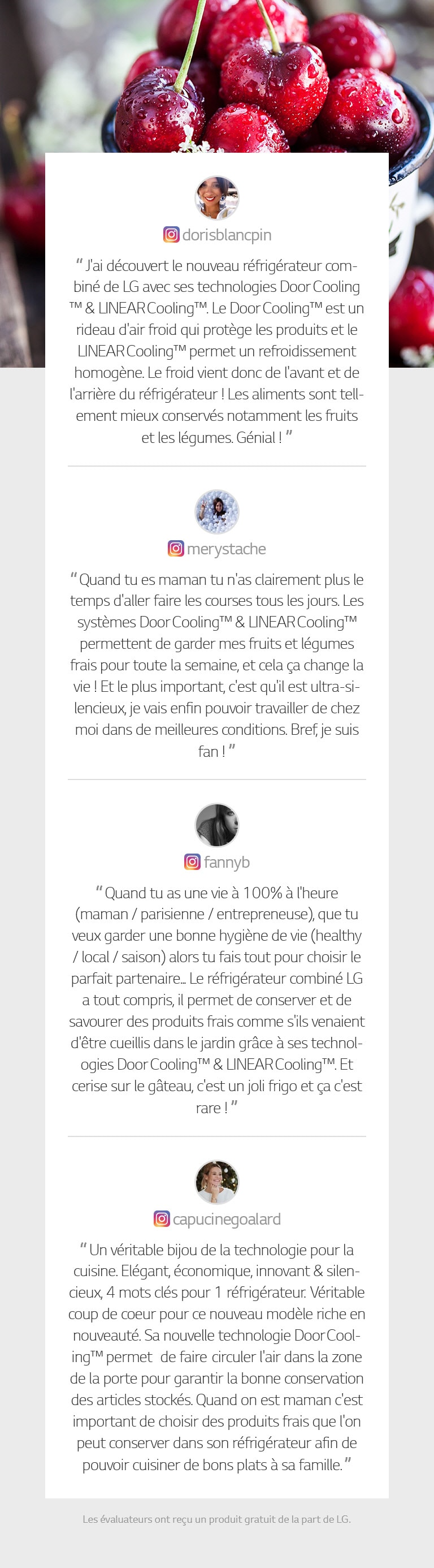Cerises rouges dans un bol, accompagnées de commentaires sur le réfrigérateur LG avec Door Cooling™.