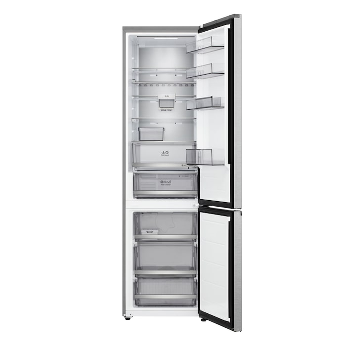 Vue de dessus du réfrigérateur congélateur LG (gbbsj20dpy) avec un réfrigérateur noir mat à gauche et un mur d’armoire à droite