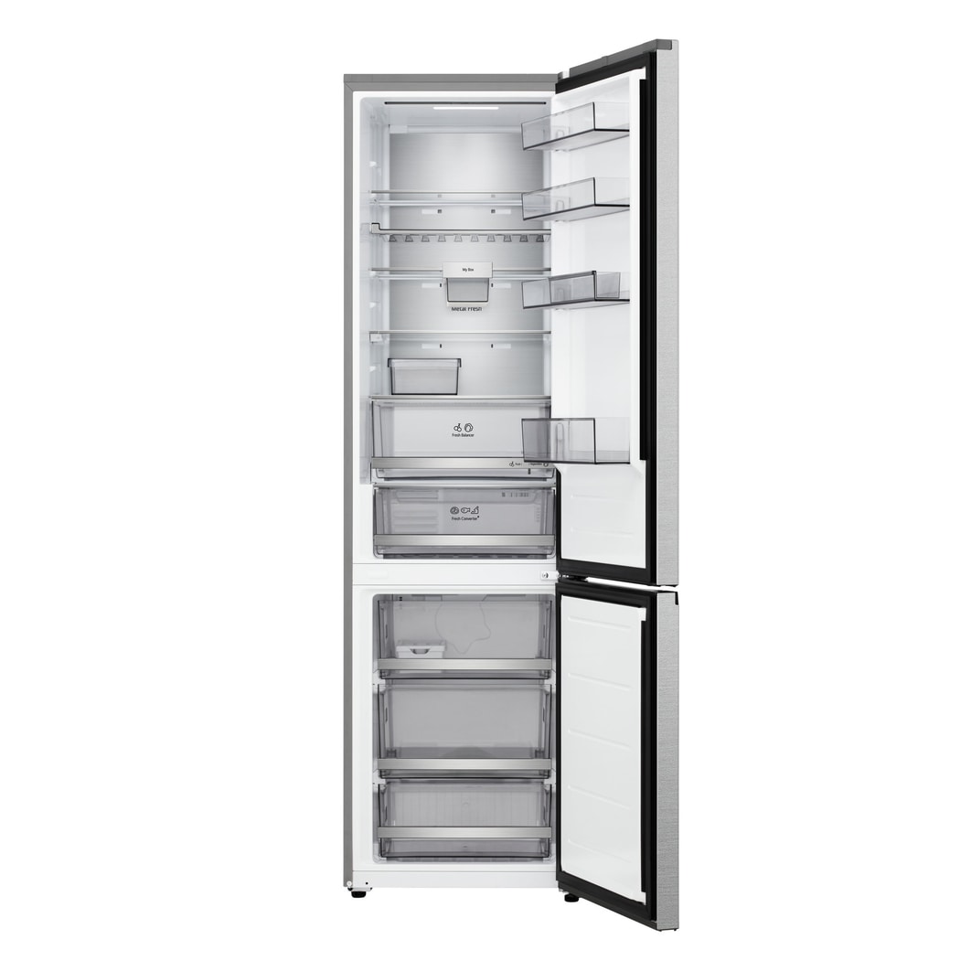 Vue de dessus du réfrigérateur congélateur LG (gbbsj20dpy) avec un réfrigérateur noir mat à gauche et un mur d’armoire à droite