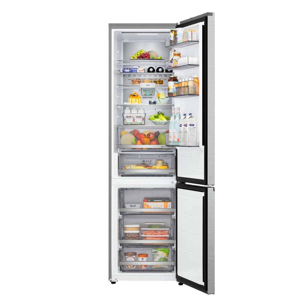 Gros plan sur le réfrigérateur congélateur LG (gbbsj20dpy) d’une étagère à vin contenant quatre bouteilles et une boîte de macarons avec un design de clayette agrandie en image circulaire